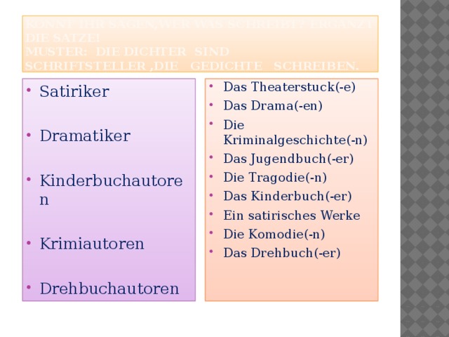 Konnt ihr sagen,wer was schreibt? Erganzt die satze!  Muster: Die dichter sind Schriftsteller ,die Gedichte schreiben.