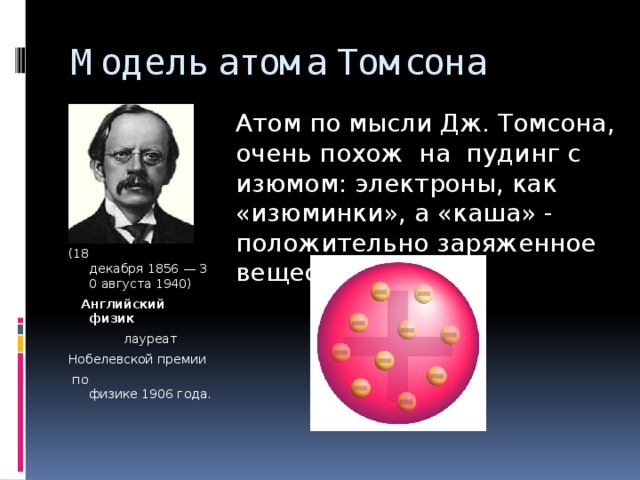 Какую модель строения атома предложил томсон. Модель атома Томсона. Томсон получил Нобелевскую.