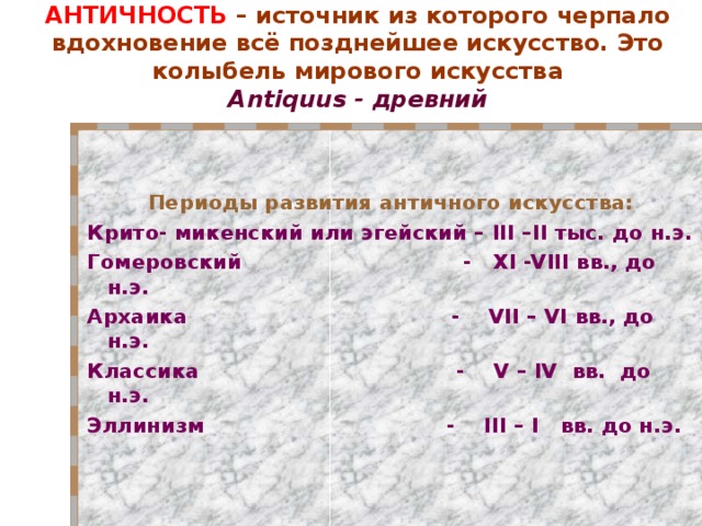 АНТИЧНОСТЬ – источник из которого черпало вдохновение всё позднейшее искусство. Это колыбель мирового искусства  Antiquus - древний   Периоды развития античного искусства: Крито- микенский или эгейский – III –II тыс. до н.э. Гомеровский - XI  -VIII вв., до н.э. Архаика - VII – VI вв., до н.э. Классика - V – IV вв. до н.э. Эллинизм - III – I вв. до н.э.