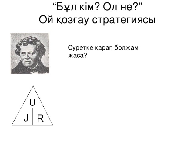 “ Бұл кім? Ол не?”  Ой қозғау стратегиясы Суретке қарап болжам жаса?