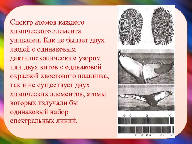  Спектр атомов каждого химического элемента уникален. Как не бывает двух людей с одинаковым дактилоскопическим узором или двух китов с одинаковой окраской хвостового плавника, так и не существует двух химических элементов, атомы которых излучали бы одинаковый набор спектральных линий.  