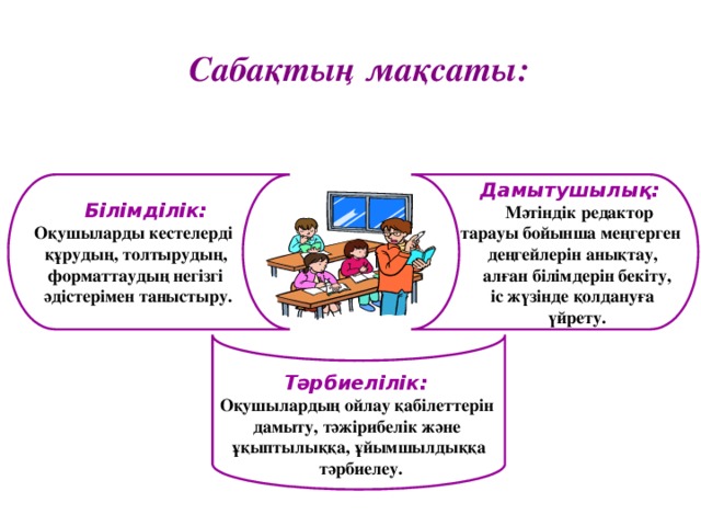 Тәрбиелілік: Оқушылардың ойлау қабілеттерін дамыту, тәжірибелік және ұқыптылыққа, ұйымшылдыққа  тәрбиелеу. Сабақтың мақсаты: Білімділік:  Оқушыларды кестелерді  Дамытушылық: құрудың, толтырудың,  Мәтіндік редактор  тарауы бойынша меңгерген форматтаудың негізгі әдістерімен таныстыру.  деңгейлерін анықтау,  алған білімдерін бекіту,  іс жүзінде қолдануға  үйрету.