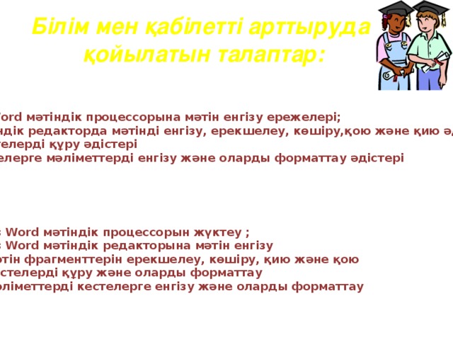 Білім мен қабілетті арттыруда қойылатын талаптар: Оқушылар білуі тиіс: Ms Word мәтіндік процессорына мәтін енгізу ережелері; Мәтіндік редакторда мәтінді енгізу, ерекшелеу, көшіру,қою және қию әдістері  Кестелерді құру әдістері Кестелерге мәліметтерді енгізу және оларды форматтау әдістері Оқушылар үйренуі тиіс: