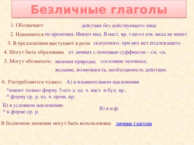 Приведите пример безличного глагола. Безличные глаголы 6 класс таблица. Безличная форма глагола примеры.