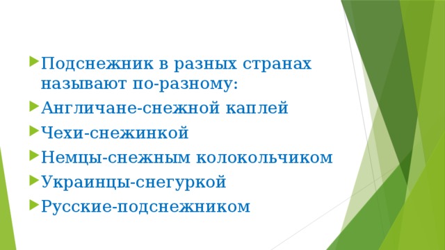 Подснежник в разных странах называют по-разному: Англичане-снежной каплей Чехи-снежинкой Немцы-снежным колокольчиком Украинцы-снегуркой Русские-подснежником