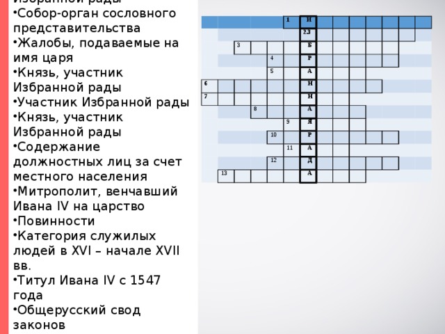 Священник, участник Избранной рады Собор-орган сословного представительства Жалобы, подаваемые на имя царя Князь, участник Избранной рады Участник Избранной рады Князь, участник Избранной рады Содержание должностных лиц за счет местного населения Митрополит, венчавший Ивана IV на царство Повинности Категория служилых людей в XVI – начале XVII вв. Титул Ивана IV с 1547 года Общерусский свод законов Церковный собор 1551 года