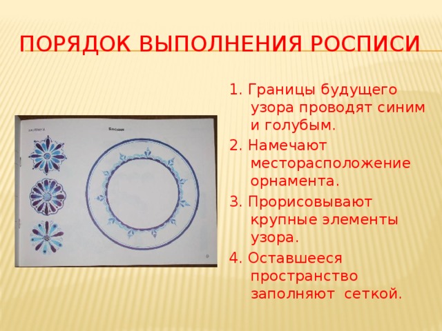 Порядок выполнения росписи 1. Границы будущего узора проводят синим и голубым. 2. Намечают месторасположение орнамента. 3. Прорисовывают крупные элементы узора. 4. Оставшееся пространство заполняют сеткой.