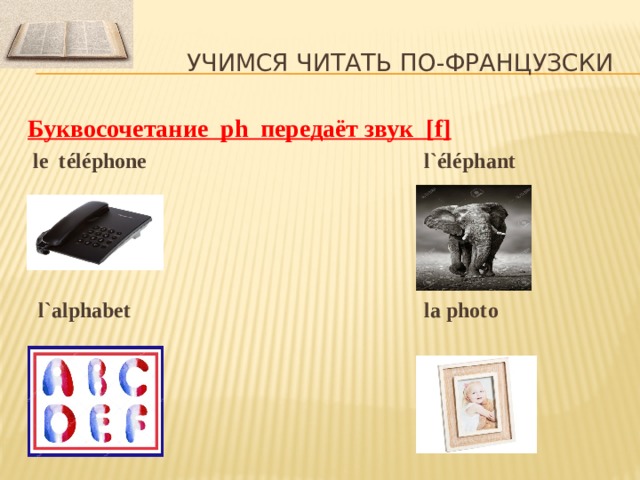 Учимся читать по-французски Буквосочетание ph передаёт звук [ f]  le téléphone l`éléphant      l`alphabet la photo