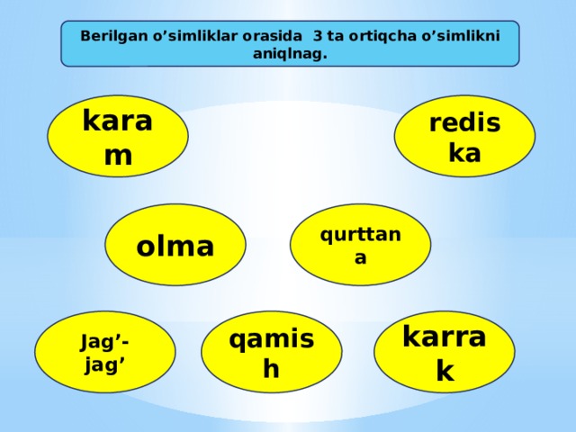 Berilgan o’simliklar orasida 3 ta ortiqcha o’simlikni aniqlnag. karam rediska olma qurttana karrak qamish Jag’-jag’