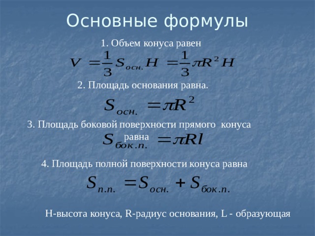 Площадь основания формула. Площадь основания конуса формула. Формулы боковой и полной поверхности. Площадь полной поверхности прямого конуса.