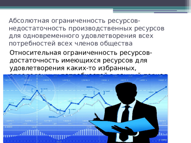 Абсолютная ограниченность ресурсов-недостаточность производственных ресурсов для одновременного удовлетворения всех потребностей всех членов общества Относительная ограниченность ресурсов- достаточность имеющихся ресурсов для удовлетворения каких-то избранных, определенных потребностей в данный период времени